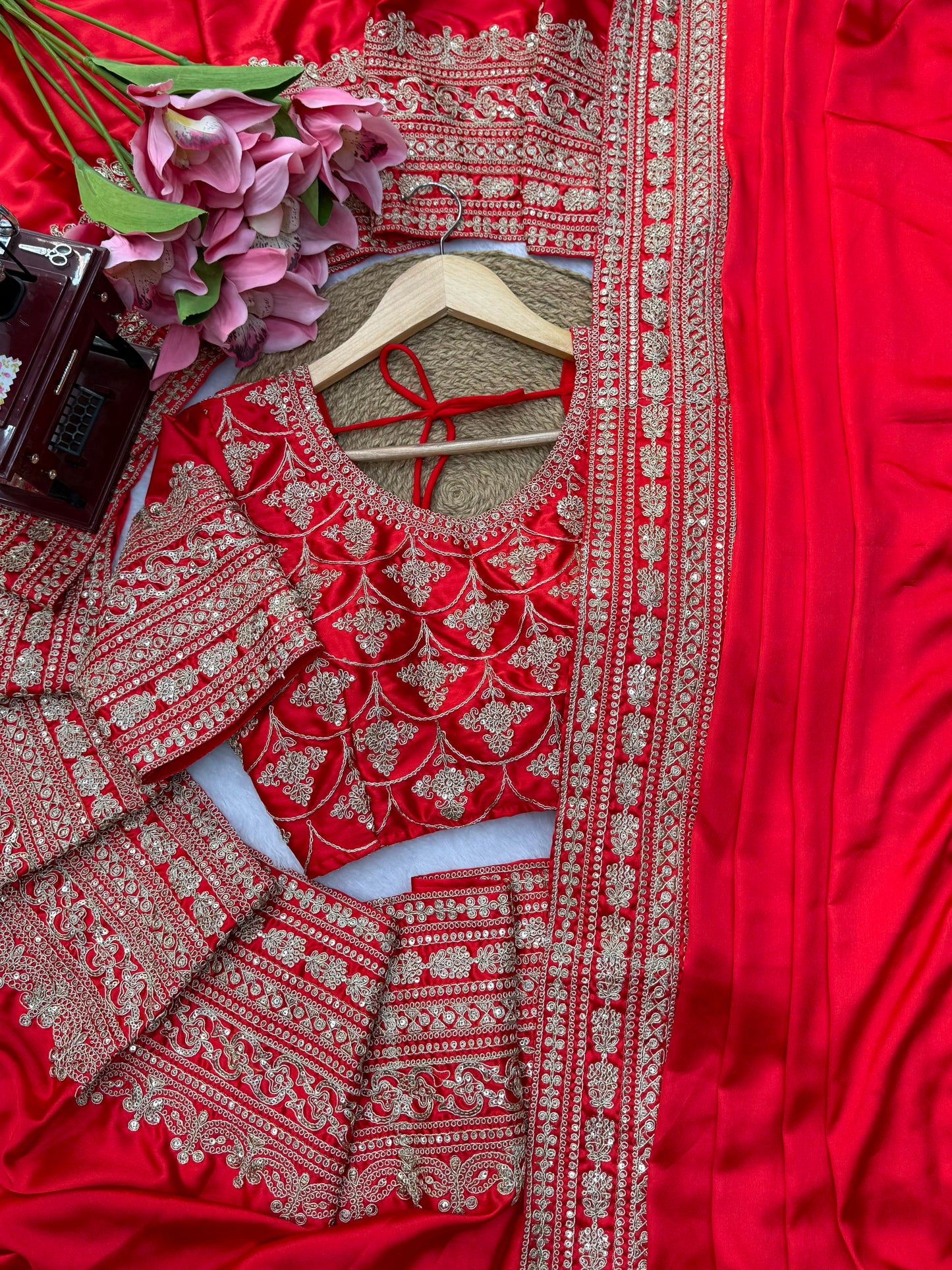 Premium Designer Satin Saree with Embroidered Blouse & Tabby Silk Dupatta