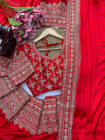 Premium Designer Satin Saree with Embroidered Blouse & Tabby Silk Dupatta