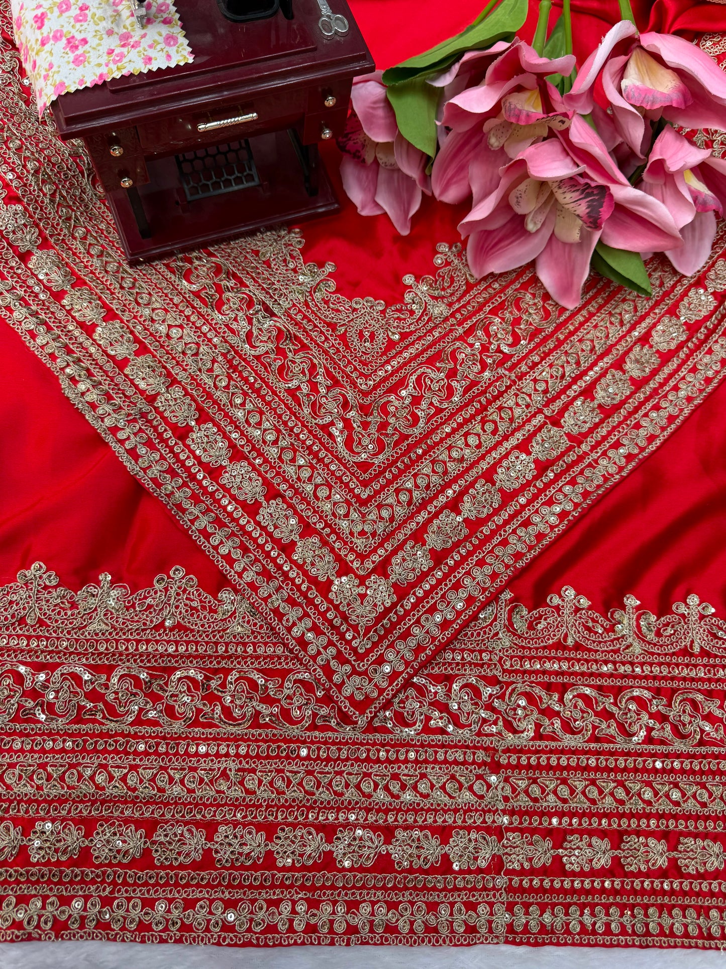 Premium Designer Satin Saree with Embroidered Blouse & Tabby Silk Dupatta