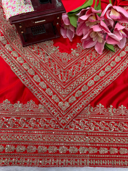 Premium Designer Satin Saree with Embroidered Blouse & Tabby Silk Dupatta