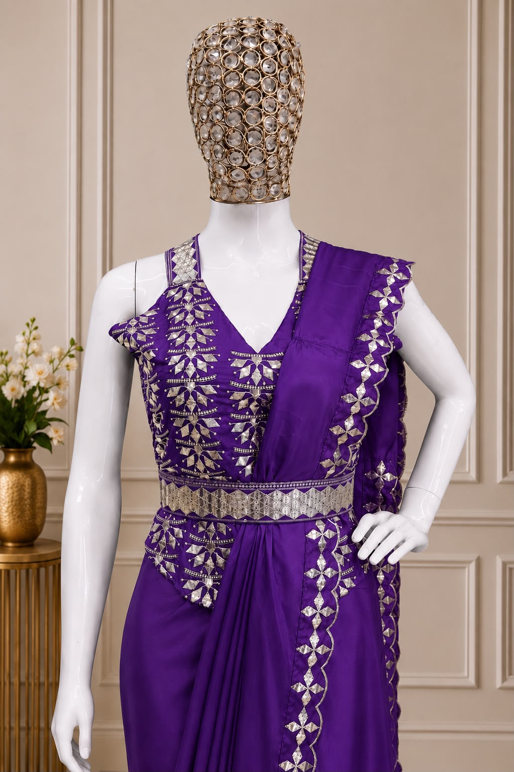 Premium Ready-to-Wear Heavy Crepe Silk Saree with Embroidered Blouse & Belt | Golden Foil Work