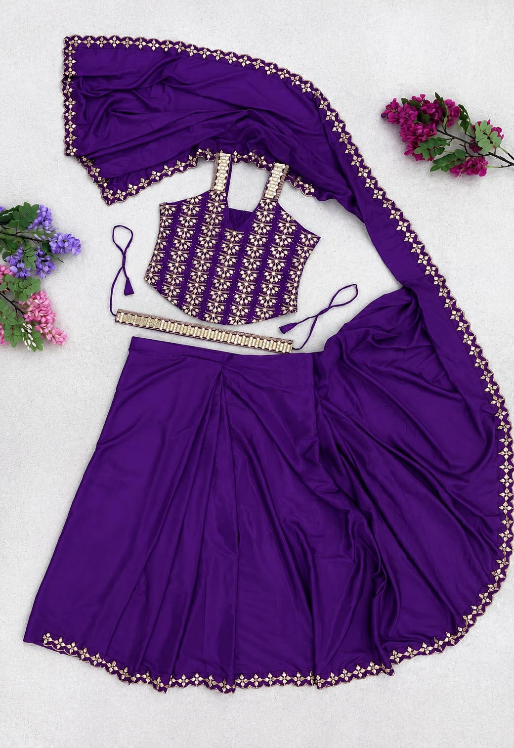 Premium Ready-to-Wear Heavy Crepe Silk Saree with Embroidered Blouse & Belt | Golden Foil Work
