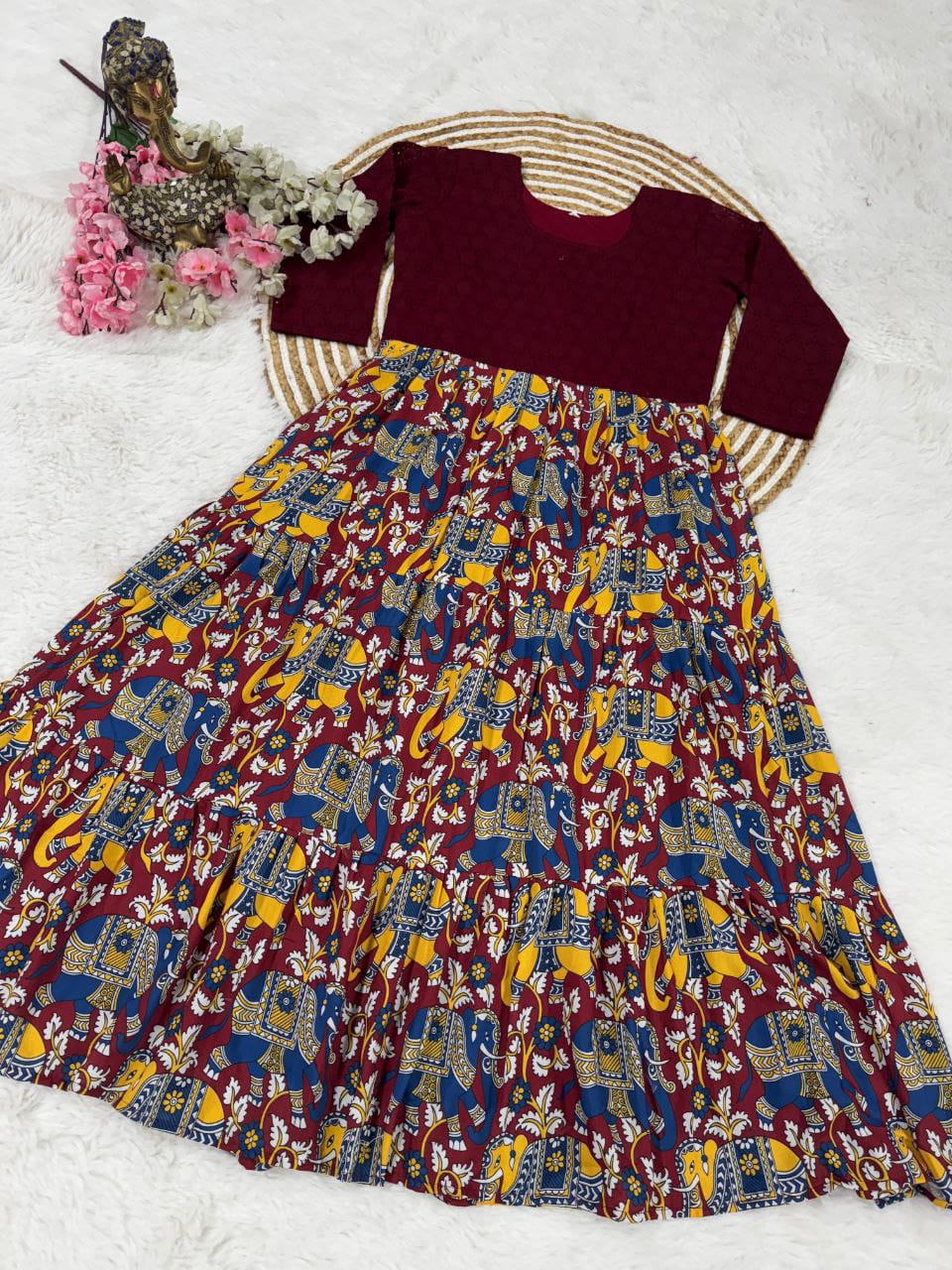 Women's Kalamkari Print Anarkali Gown | Hakuba & Soft Muslin Fabric | 4 Meter Flair | Ethnic Party & Festive Wear