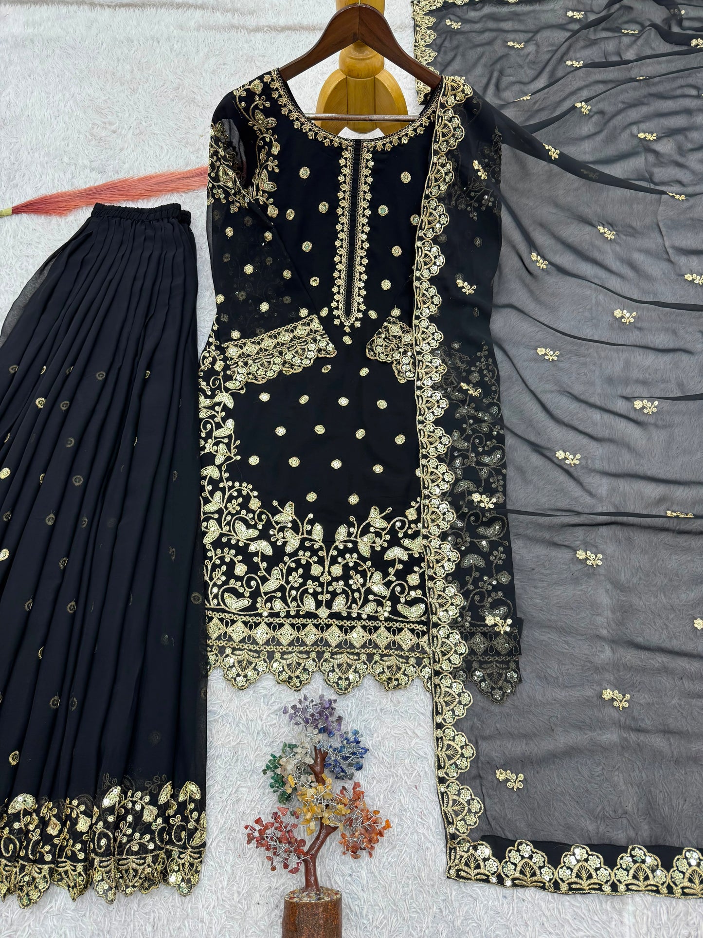 Women's Premium Faux Georgette Embroidered Sequins Kurti Palazzo Set with Dupatta | Party & Festive Wear