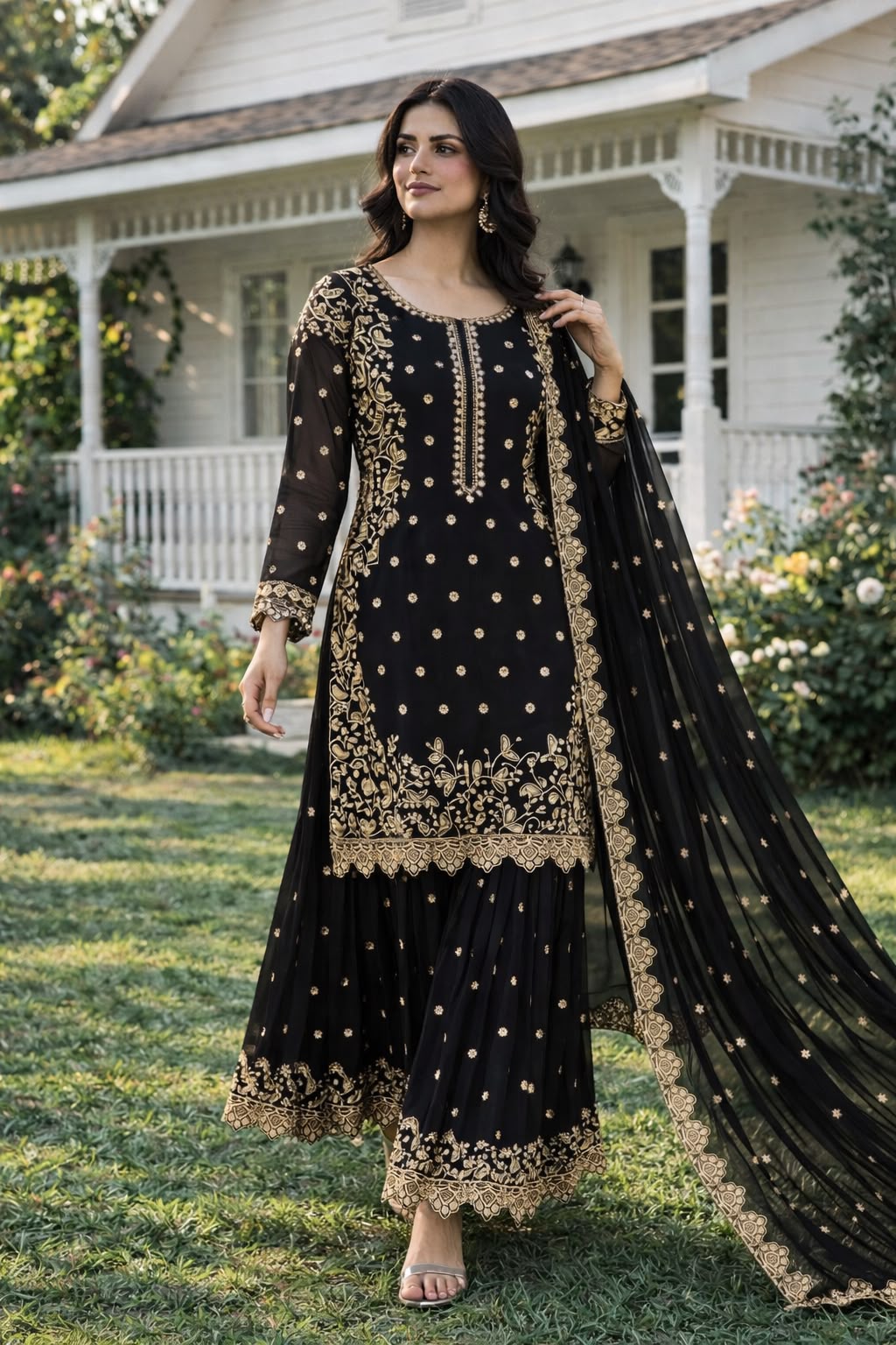 Women's Premium Faux Georgette Embroidered Sequins Kurti Palazzo Set with Dupatta | Party & Festive Wear