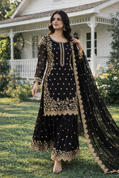 Women's Premium Faux Georgette Embroidered Sequins Kurti Palazzo Set with Dupatta | Party & Festive Wear