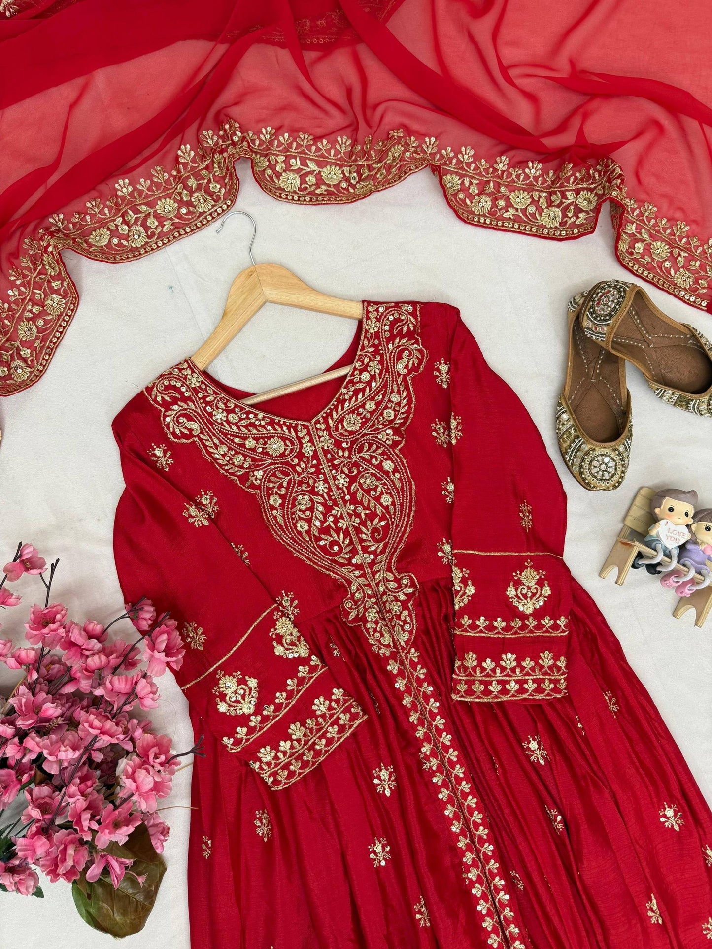 Designer Chinon Silk Anarkali Gown Set with Embroidered Dupatta