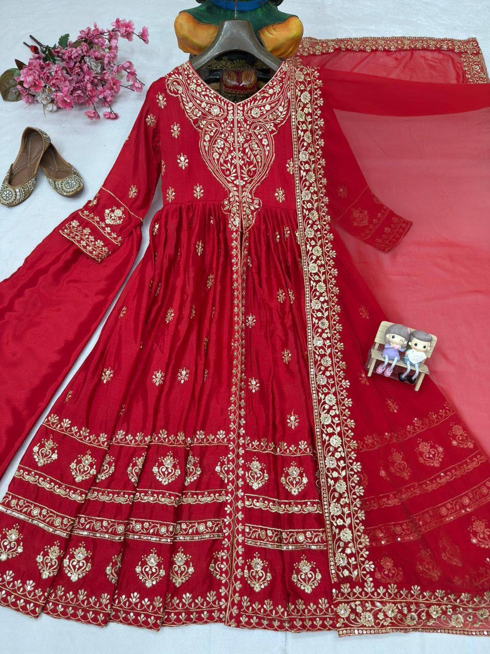Designer Chinon Silk Anarkali Gown Set with Embroidered Dupatta
