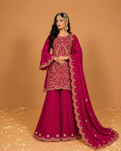 Women's Premium Vichitra Silk Embroidered Kurti Palazzo Set with Dupatta | Party & Festive Wear