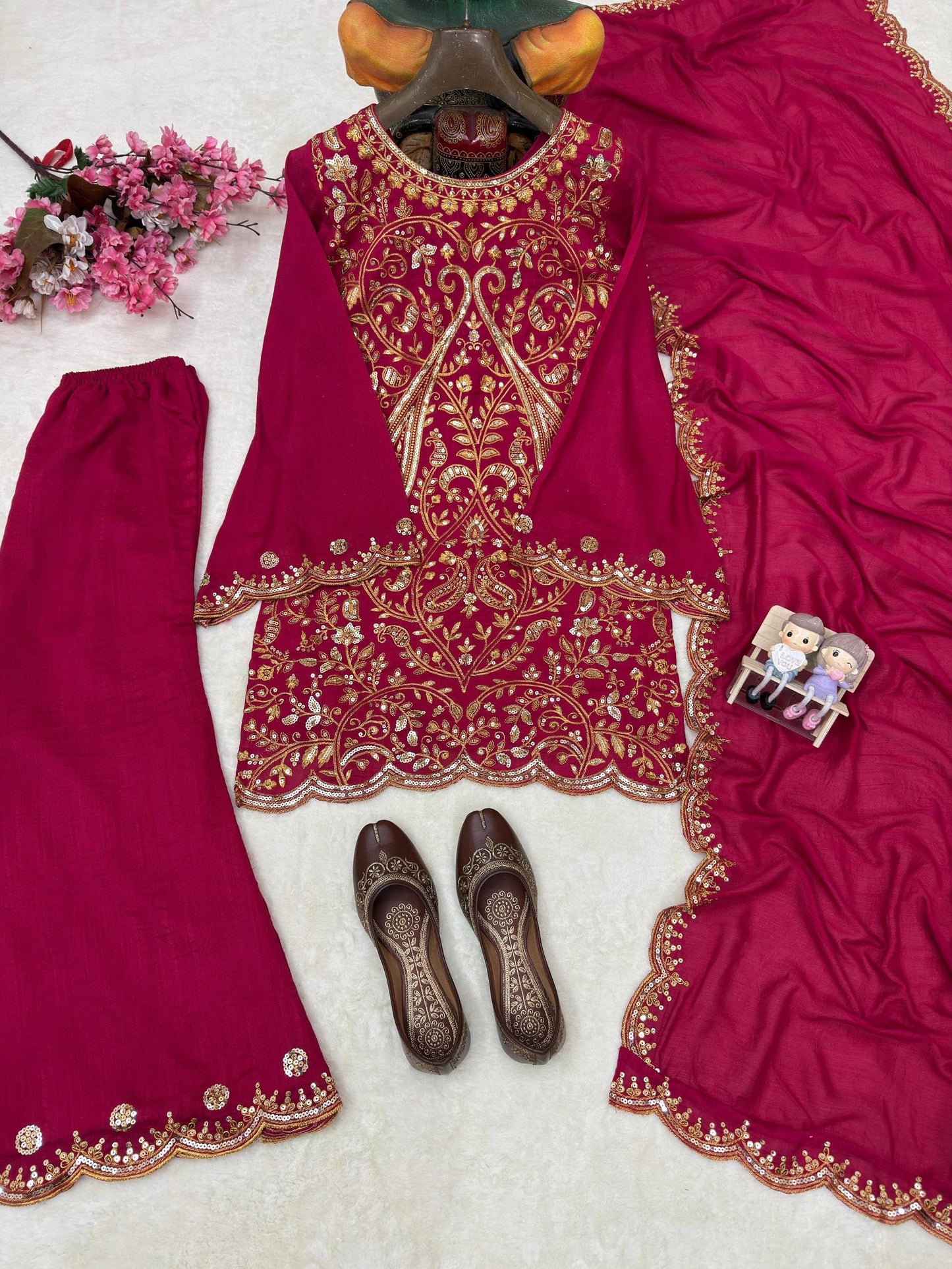 Women's Premium Vichitra Silk Embroidered Kurti Palazzo Set with Dupatta | Party & Festive Wear