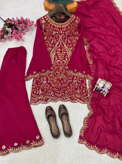 Women's Premium Vichitra Silk Embroidered Kurti Palazzo Set with Dupatta | Party & Festive Wear