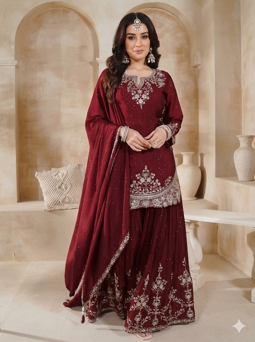 Designer Party Wear Top & Palazzo Set with Fancy Embroidered Dupatta | Heavy Chinon Silk | Fully Stitched