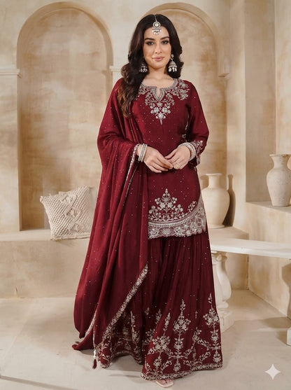 Designer Party Wear Top & Palazzo Set with Fancy Embroidered Dupatta | Heavy Chinon Silk | Fully Stitched