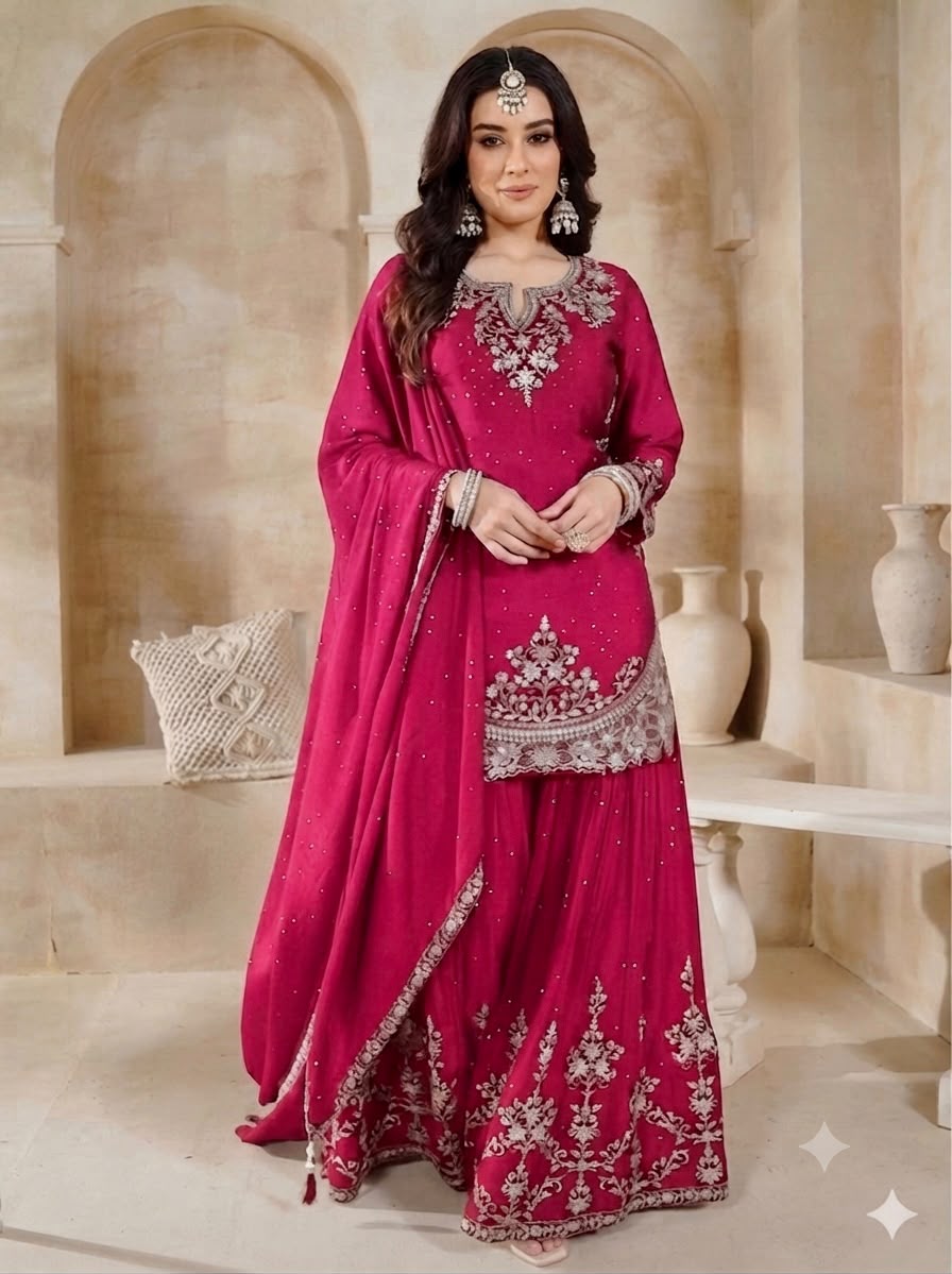 Designer Party Wear Top & Palazzo Set with Fancy Embroidered Dupatta | Heavy Chinon Silk | Fully Stitched