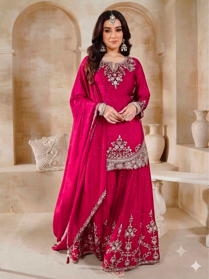 Designer Party Wear Top & Palazzo Set with Fancy Embroidered Dupatta | Heavy Chinon Silk | Fully Stitched