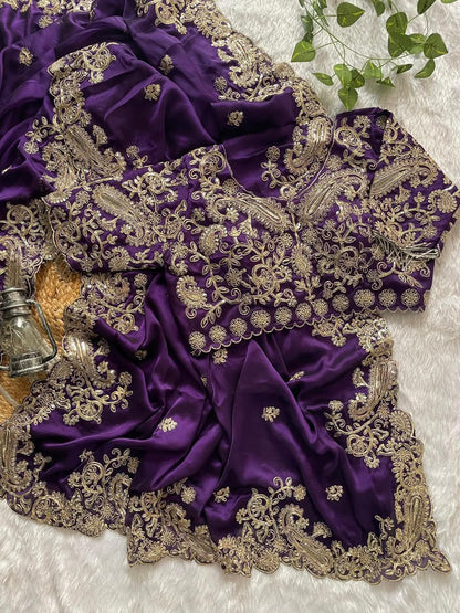 Designer Heavy Embroidery Rangoli Silk Saree With Stitched Blouse