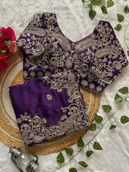 Designer Heavy Embroidery Rangoli Silk Saree With Stitched Blouse