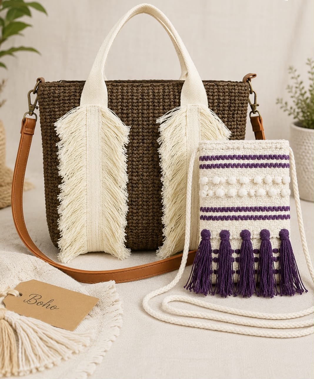 Handcrafted Woven Fringe Tote Bag with Matching Boho Sling