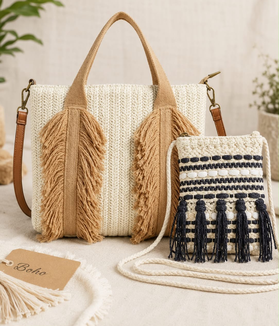 Handcrafted Woven Fringe Tote Bag with Matching Boho Sling