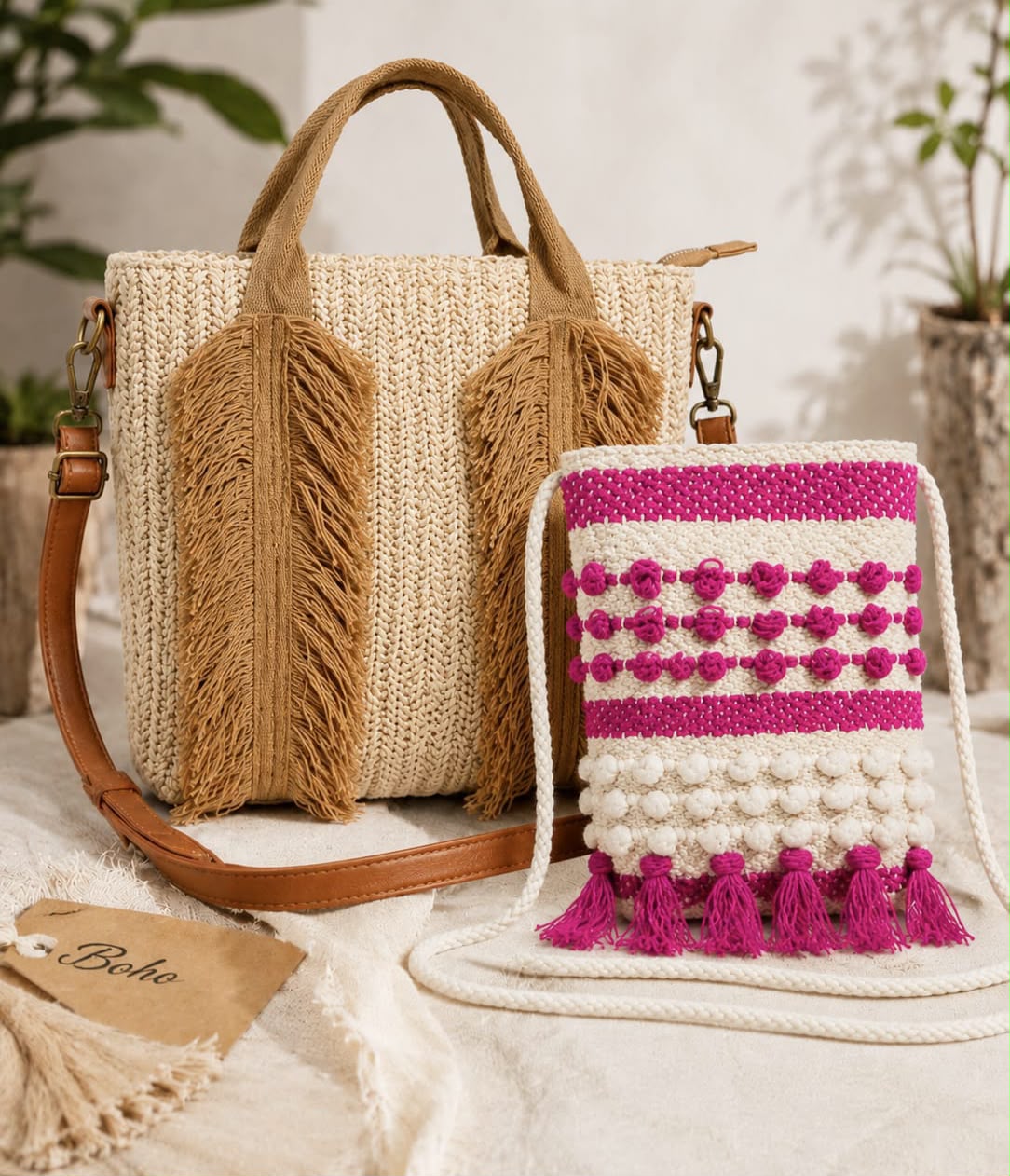 Handcrafted Woven Fringe Tote Bag with Matching Boho Sling