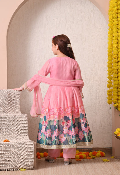 Girls Ethnic Wear – Chanderi Anarkali Set with Pant & Dupatta