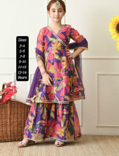 Girls Premium Floral Printed Ethnic Sharara Set with Dupatta – Purple