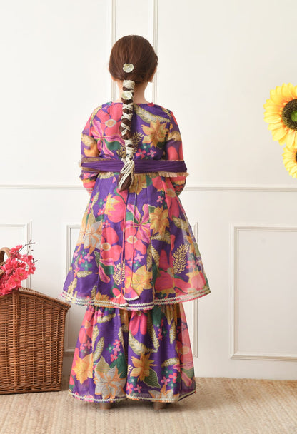 Girls Premium Floral Printed Ethnic Sharara Set with Dupatta – Purple