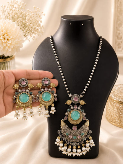 Premium Oxidized Mint Stone Necklace Set with Pearl Earrings | Traditional Ethnic Jewelry for Women