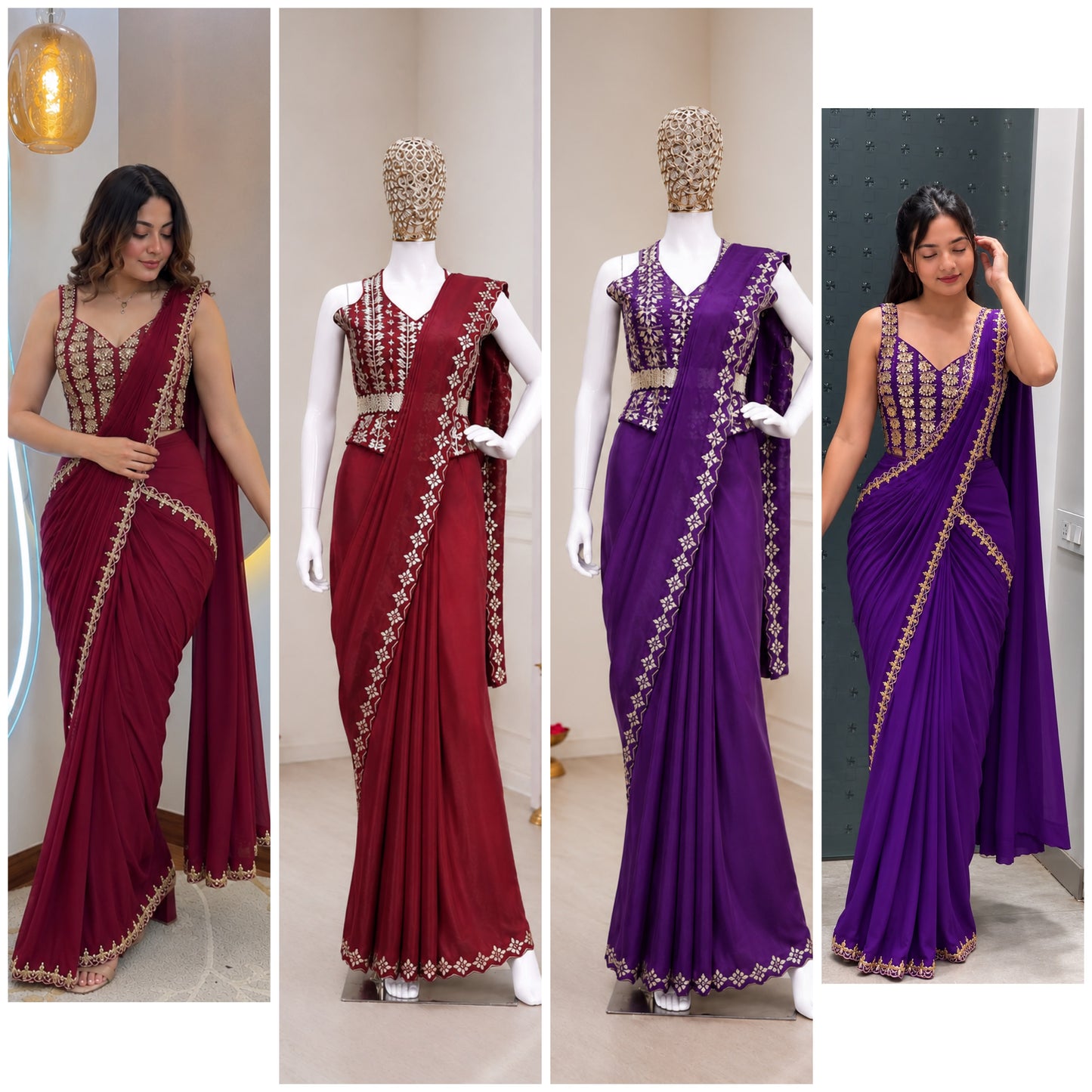 Premium Ready-to-Wear Heavy Crepe Silk Saree with Embroidered Blouse & Belt | Golden Foil Work