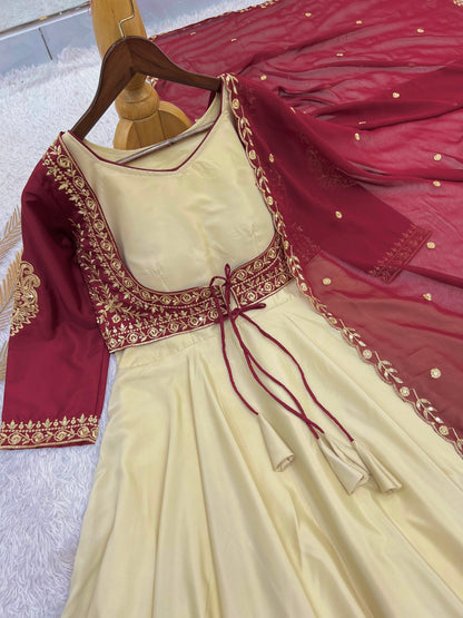 Women's 3-Piece Embroidered Crepe Gown Set with Koti & Georgette Dupatta | Party & Festive Wear