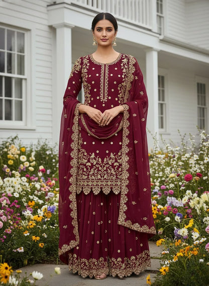 Women's Premium Faux Georgette Embroidered Sequins Kurti Palazzo Set with Dupatta | Party & Festive Wear