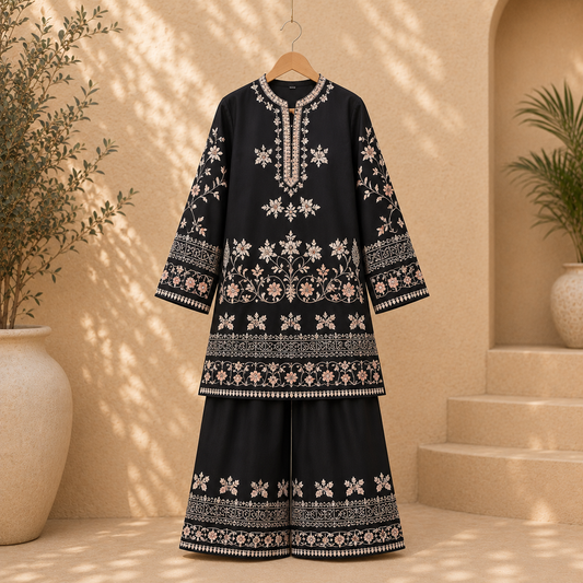 Black Premium Satin Printed Kids Suit Set with Chinon Dupatta