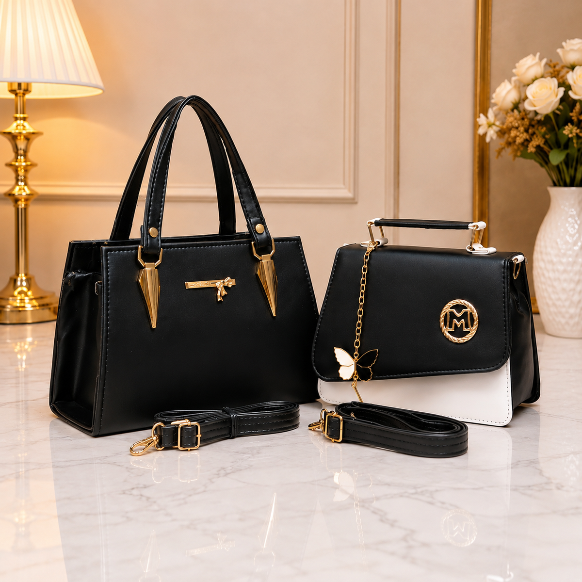 2 Pcs Ladies Handbag & Sling Combo Set | Handy + Crossbody Sling Bag