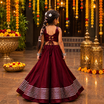 Maroon Roman Silk Girls Lehenga Choli with Fancy Lace Gota Border
