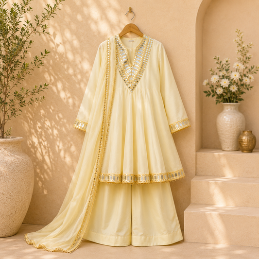 Cream Chinon Silk Embroidered Anarkali Suit Set with Mirror Work Dupatta