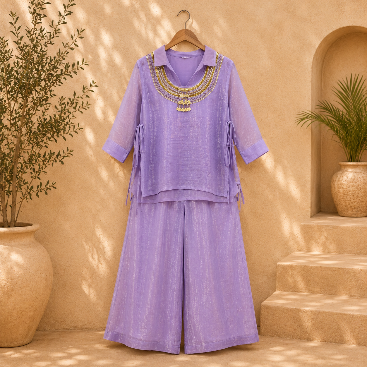 Lavender Crunchy Silk Handwork Co-Ord Set with Palazzo