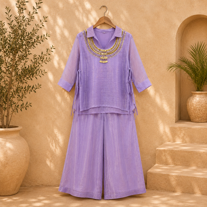 Lavender Crunchy Silk Handwork Co-Ord Set with Palazzo
