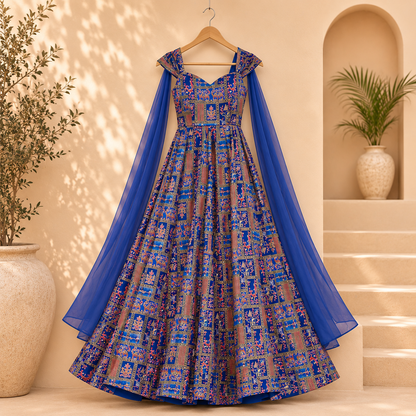Blue Digital Printed Silk Gown with Organza Lace Dupatta