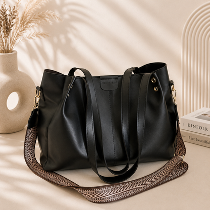 Women's Premium Black Leather Tote Bag | Large Capacity Shoulder Handbag