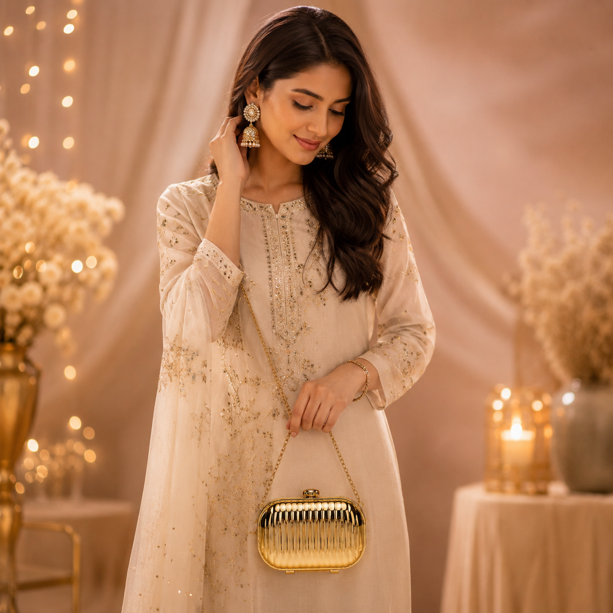 Imported Metallic Box Clutch Bag with Chain Strap | Party Wear Evening Sling (Gold & Silver)