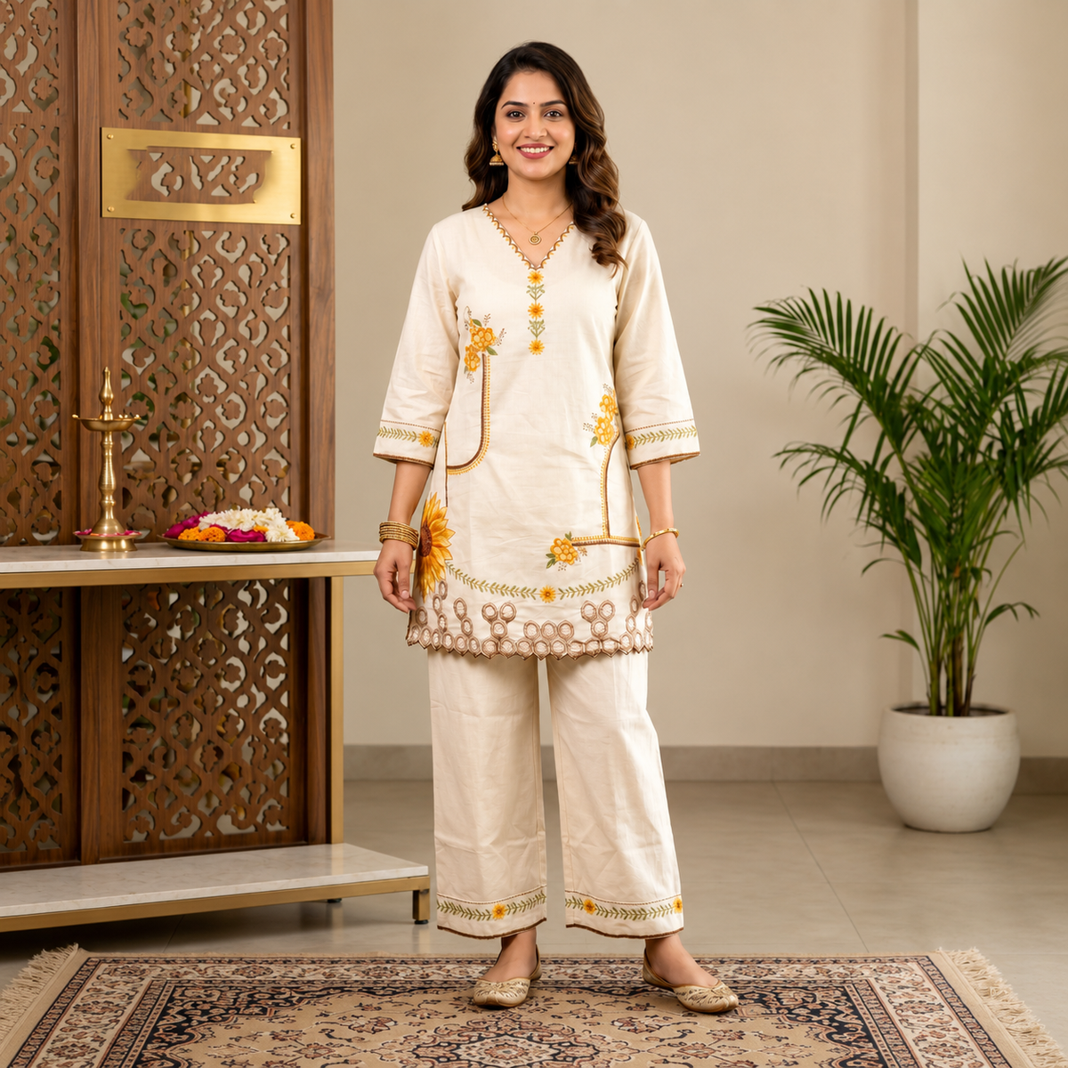Premium Cotton Silk Embroidered Kurti Palazzo Set – Ivory White