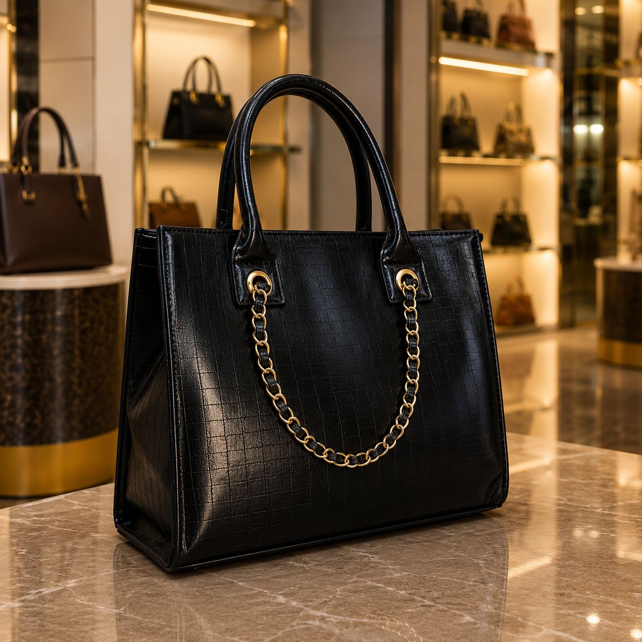 Luxury Crocodile Texture Women's Tote Handbag with Gold Chain Accent – 3 Color