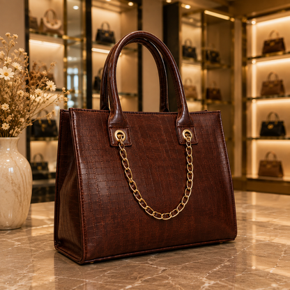 Luxury Crocodile Texture Women's Tote Handbag with Gold Chain Accent – 3 Color