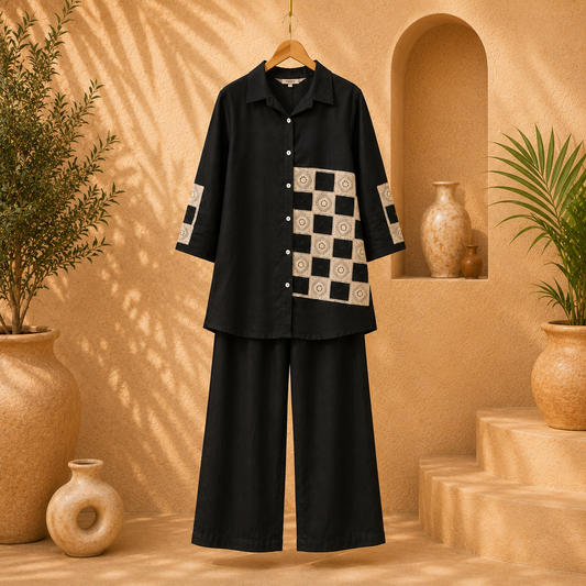 Premium Imported Fabric Embroidered Co-Ord Set – Black