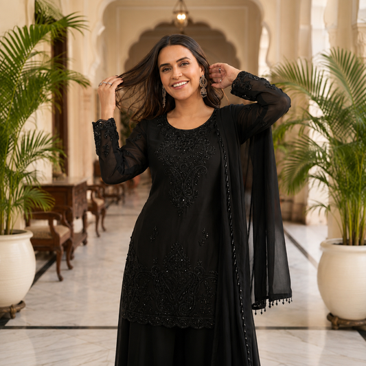 Black Beauties Premium 3-Piece Beads Work Suit Set | Chinnon Fabric | Party & Festive Wear