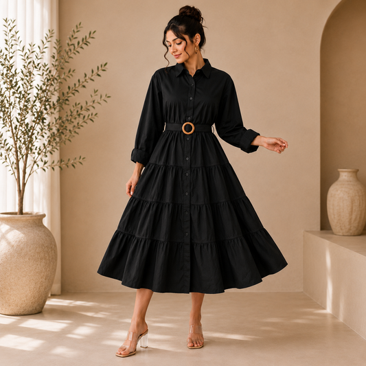 Premium Cotton Tiered Shirt Midi Dress with Belt