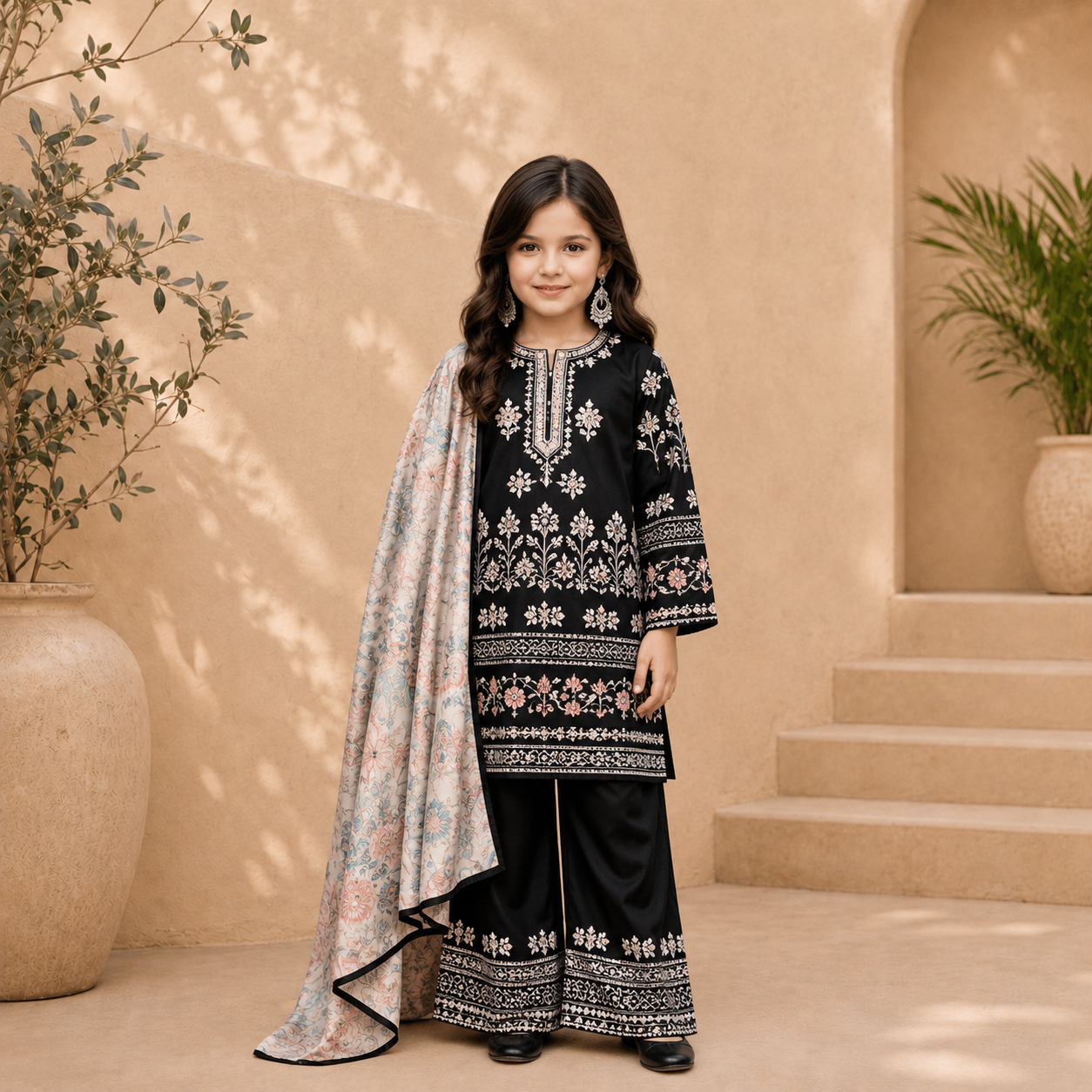 Black Premium Satin Printed Kids Suit Set with Chinon Dupatta