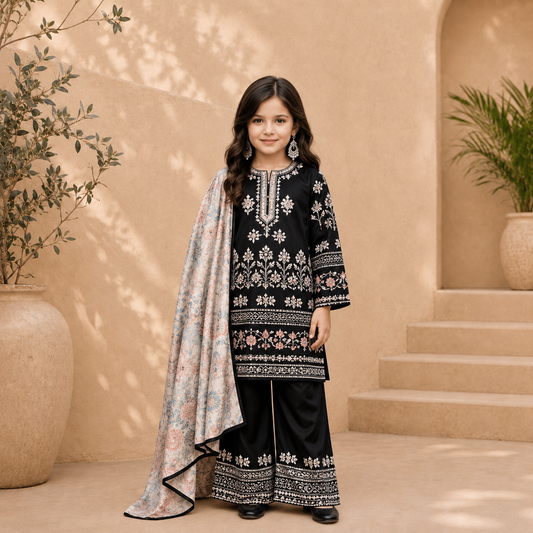 Black Premium Satin Printed Kids Suit Set with Chinon Dupatta