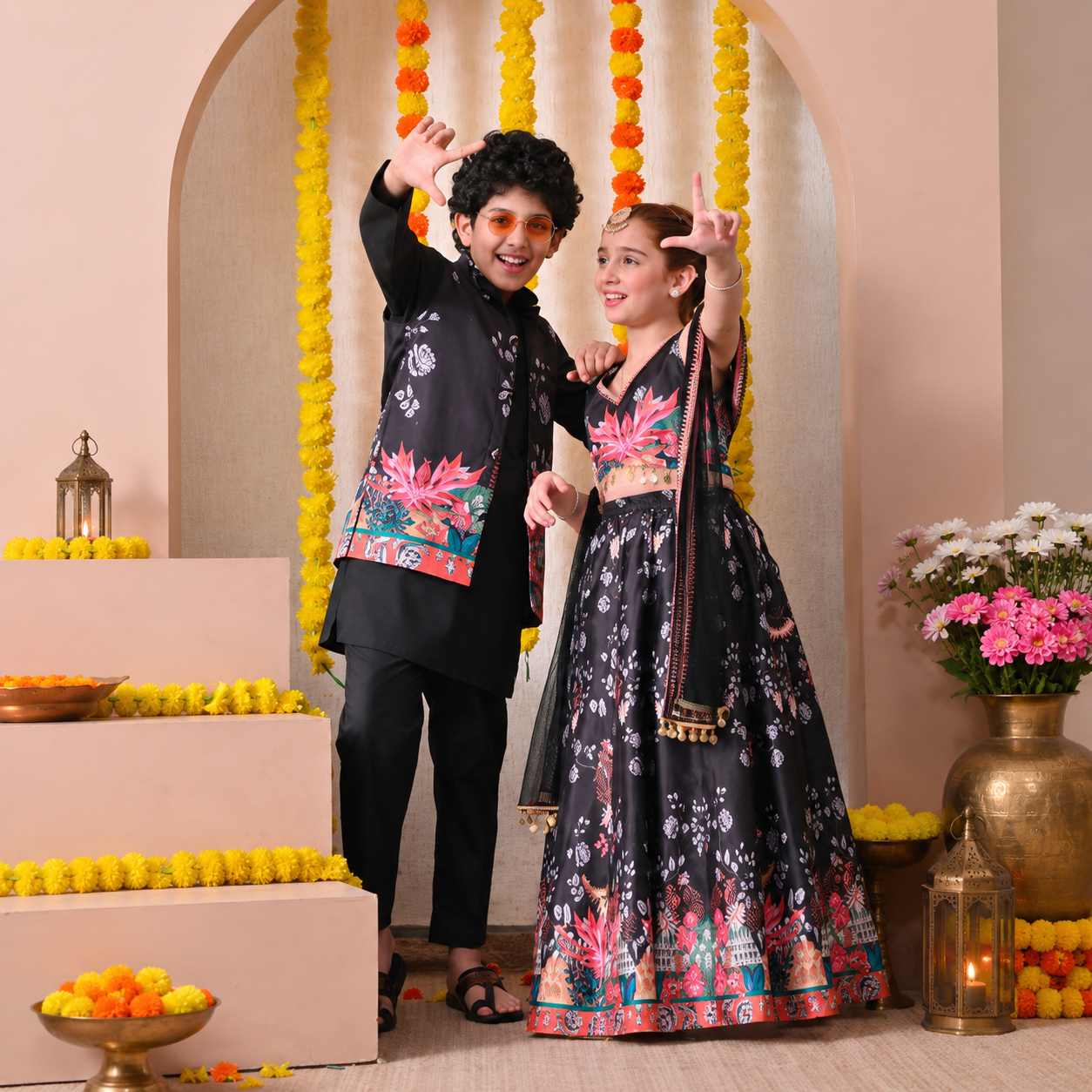Premium Black Floral Printed Kids Ethnic Wear Set for Boys & Girls