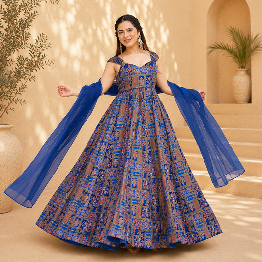 Blue Digital Printed Silk Gown with Organza Lace Dupatta